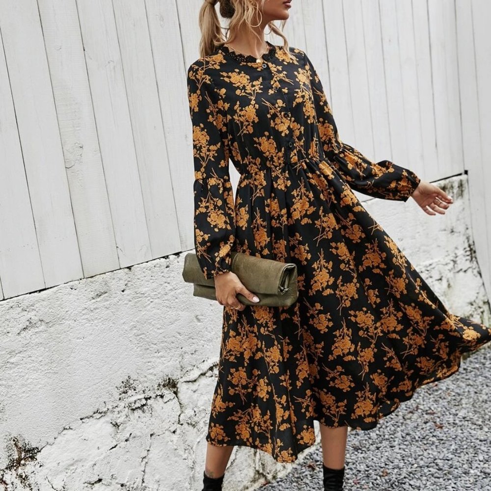 Allover Floral Lace Trim Button Up Shirt Dress - Picture 1 of 5